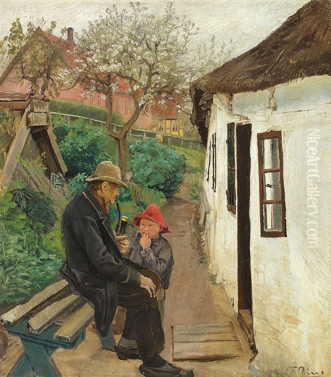 Visiting grandfather. Outside a house in Lille Naestved. Oil Painting by Laurits Andersen Ring