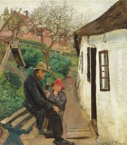 Visiting grandfather. Outside a house in Lille Naestved.