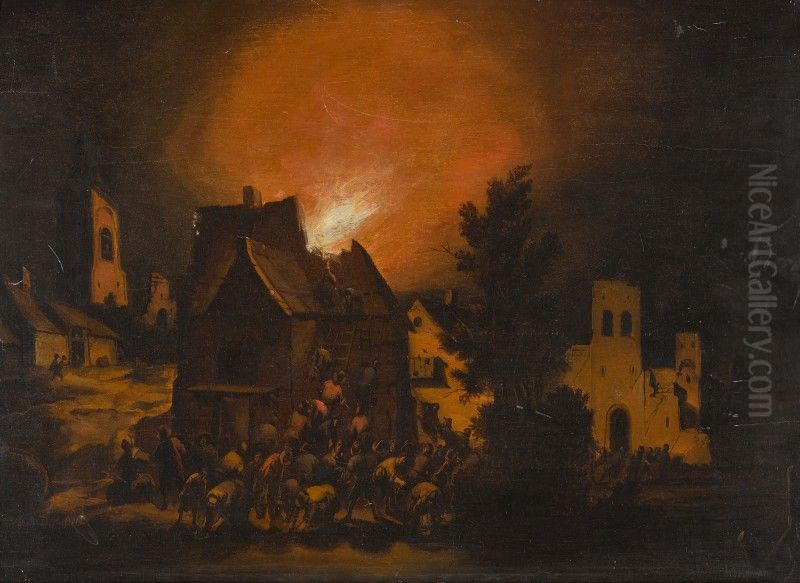 A VILLAGE ON FIRE AT NIGHT Oil Painting by Adriaen Lievensz. van der Poel
