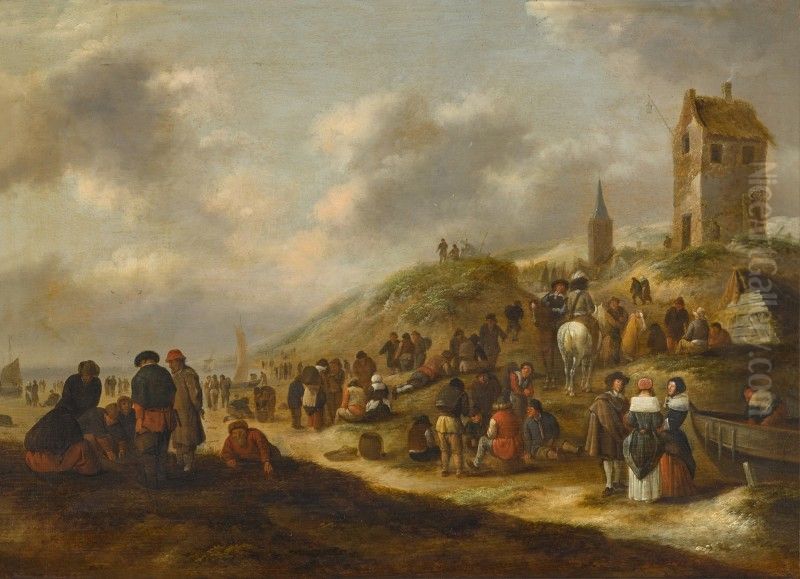 THE BEACH AT SCHEVENINGEN, WITH ELEGANTLY-DRESSED FIGURES, AND FISHERMEN SELLING THEIR CATCH Oil Painting by Nicolaes Molenaer