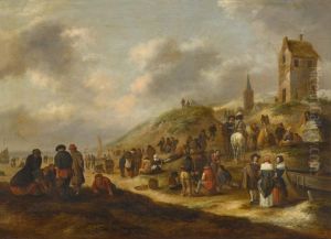 THE BEACH AT SCHEVENINGEN, WITH ELEGANTLY-DRESSED FIGURES, AND FISHERMEN SELLING THEIR CATCH