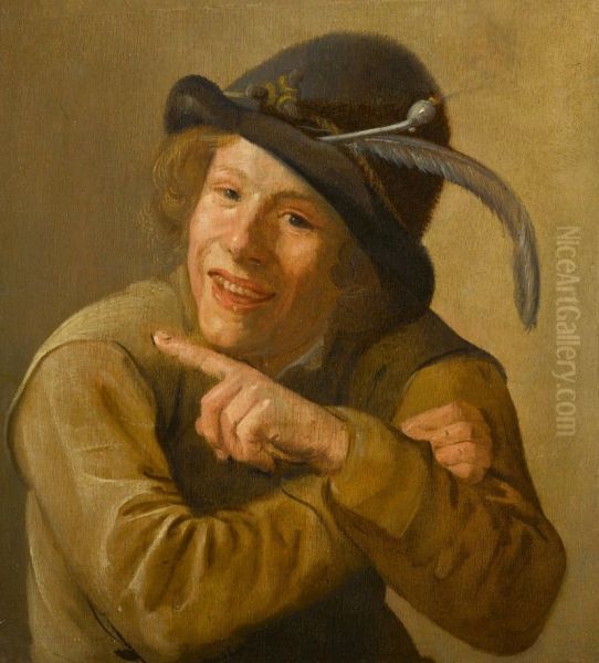 A Smiling Youth Wearing a Black Hat with a Feather and a Clay Pipe in the Brim Oil Painting by Jan Miense Molenaer