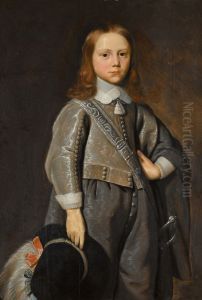 PORTRAIT OF A BOY, THREE-QUARTER-LENGTH, WEARING A GREY EMBROIDERED SUIT AND HOLDING A FEATHERED HAT