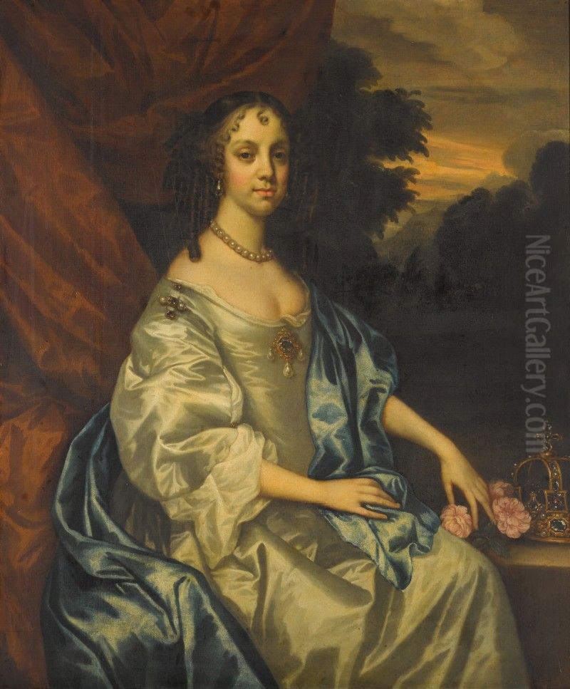 PORTRAIT OF CATHERINE OF BRAGANZA (1638-1705), THREE-QUARTER-LENGTH, SEATED IN A LANDSCAPE, A CROWN AND A POSY OF ROSES BESIDE HER Oil Painting by unknown