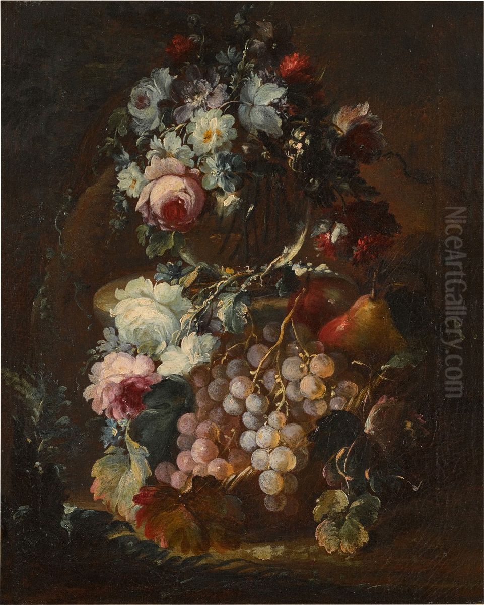 STILL LIFE OF FLOWERS IN A GLASS VASE, WITH GRAPES AND PEARS Oil Painting by Michele Antonio Rapous