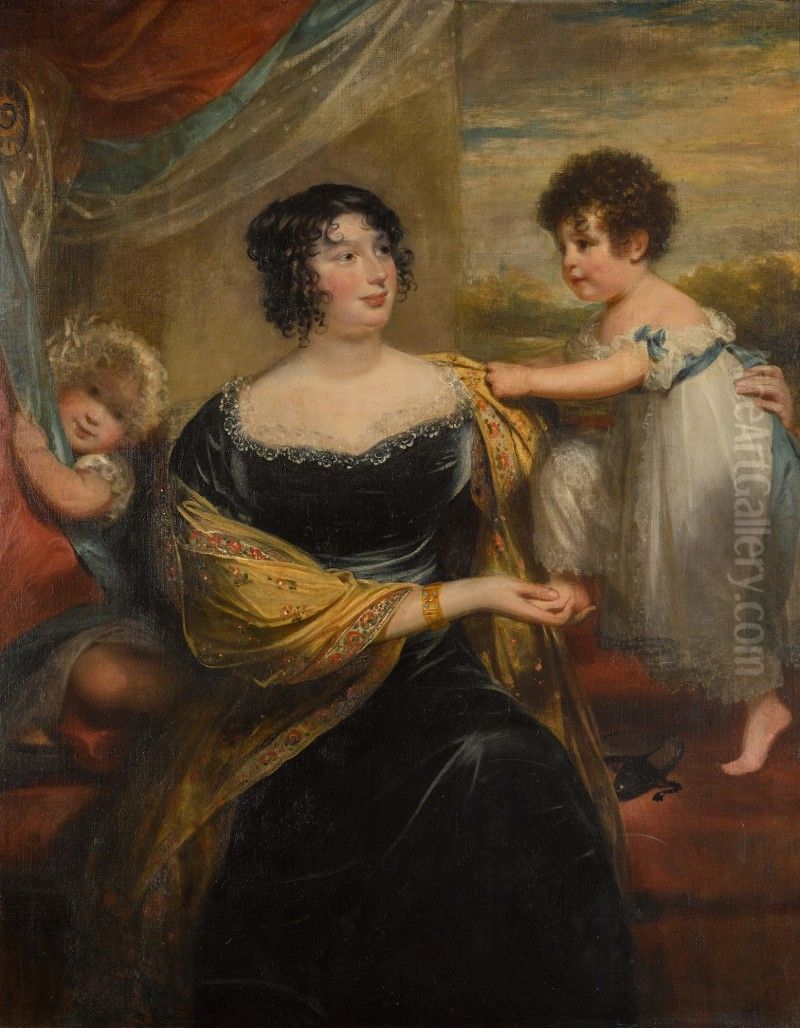 PORTRAIT OF MRS JOHN BRAHAM WITH HER TWO CHILDREN Oil Painting by William Beechey