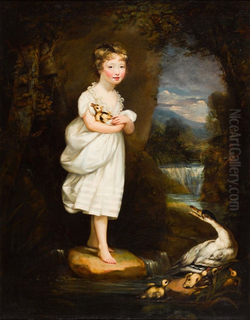 PORTRAIT OF CHARLOTTE LEYCESTER, FULL-LENGTH, WEARING A WHITE DRESS AND HOLDING A DUCKLING Oil Painting by James Northcote