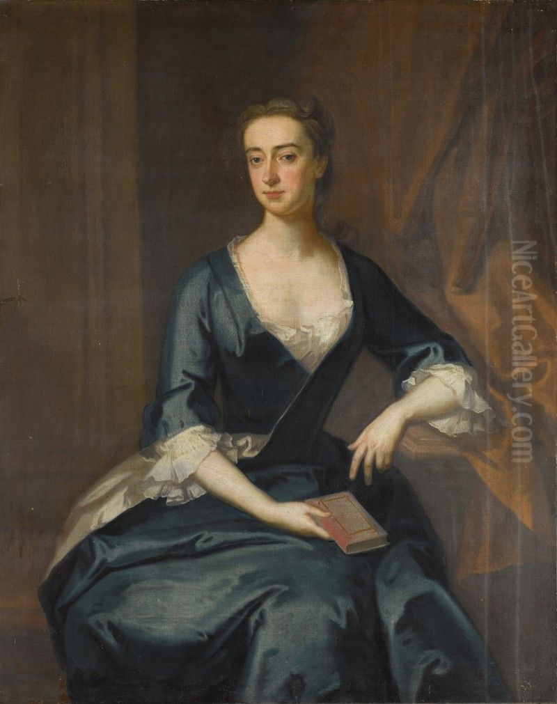 PORTRAIT OF MISS JONES HOLDING A BOOK, THREE-QUARTER-LENGTH, IN A BLUE DRESS Oil Painting by Enoch Seeman