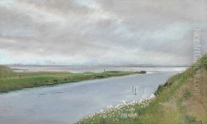 Ved aens udlob. Blomsterbevokset skraent til hojre. Pa den anden side af aen en lang landtange ud i fjorden. Karrebaeksminde