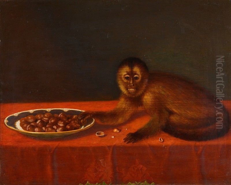INTERIOR WITH A MONKEY ON A TABLE WITH A PLATE OF HAZELNUTS Oil Painting by James Miller