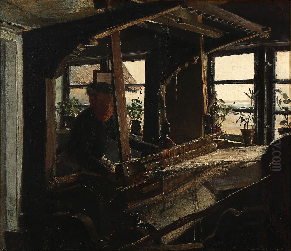 Interior from Hanehoved Huse, a small fishing village in the parish of Melby Oil Painting by Laurits Andersen Ring