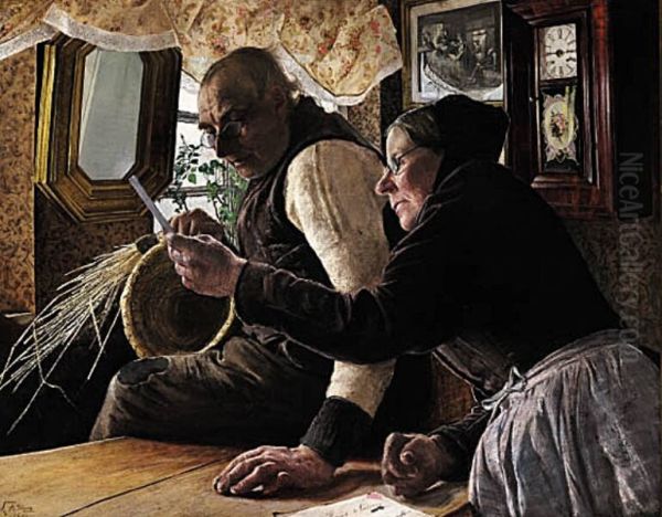 The elderly couple have received a letter. Oil Painting by Laurits Andersen Ring
