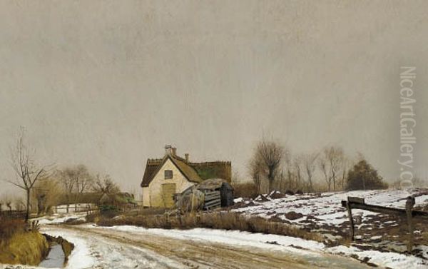 Winter landscape with snow. A highway opast a house in the centre of the picture. Oil Painting by Laurits Andersen Ring