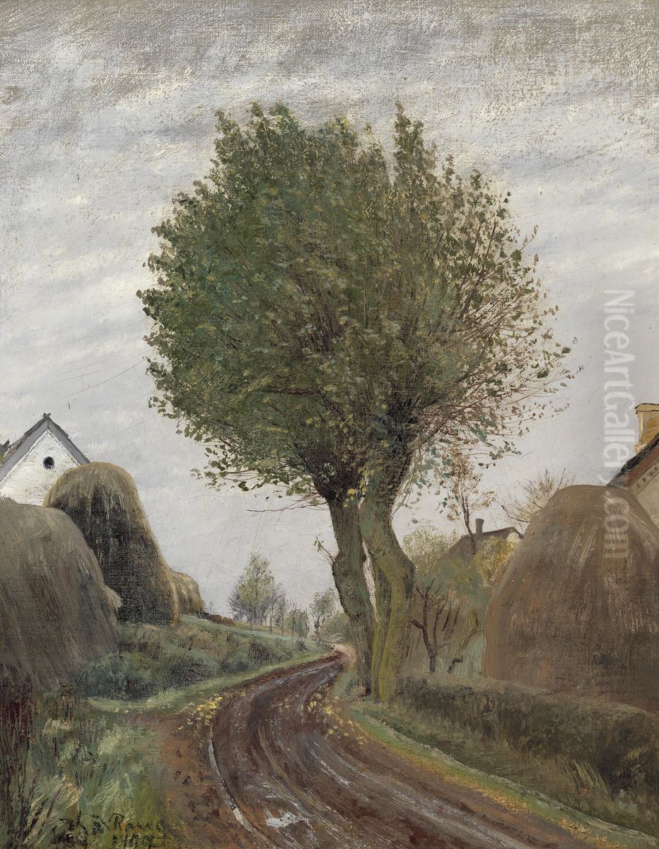 En vej mellem to garde i Vadsby. Halmstakke udenfor gardene. Taget efterarsdag Oil Painting by Laurits Andersen Ring