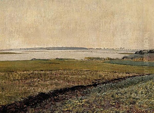 Inlet landscape. Green meadows front and the inlet further away. Oil Painting by Laurits Andersen Ring