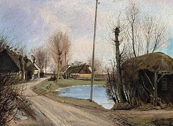 A village street. Front right a shed covered by straw. Oil Painting by Laurits Andersen Ring