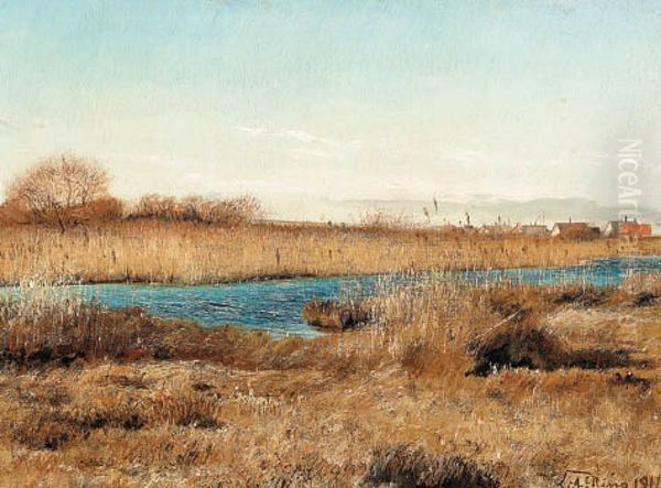 Moseparti i januar. I baggrunden til hojre Baldersbronde by. Oil Painting by Laurits Andersen Ring