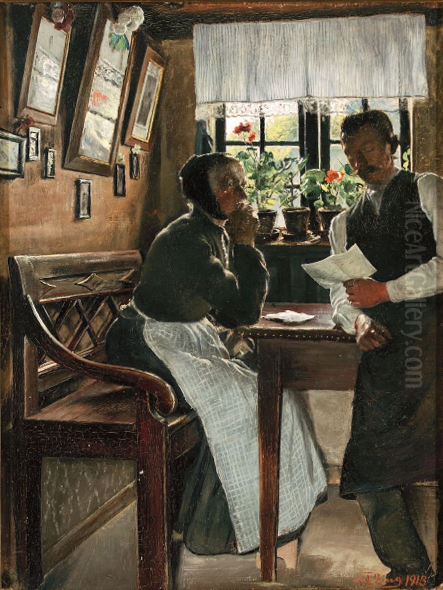A son reading a letter to his mother. Oil Painting by Laurits Andersen Ring