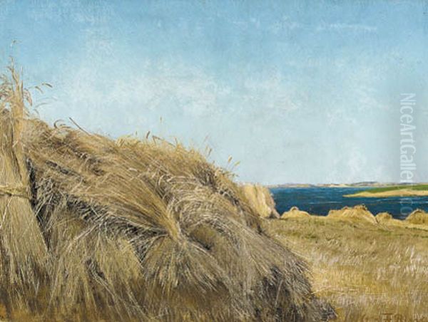 Hostlandskab i solskin. Til venstre pa marken rug sat i traver. Til hojre Roskilde fjords morkebla vand. Oil Painting by Laurits Andersen Ring