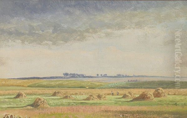 Hostlandskab med korntraver og hostarbejdere. Oil Painting by Laurits Andersen Ring
