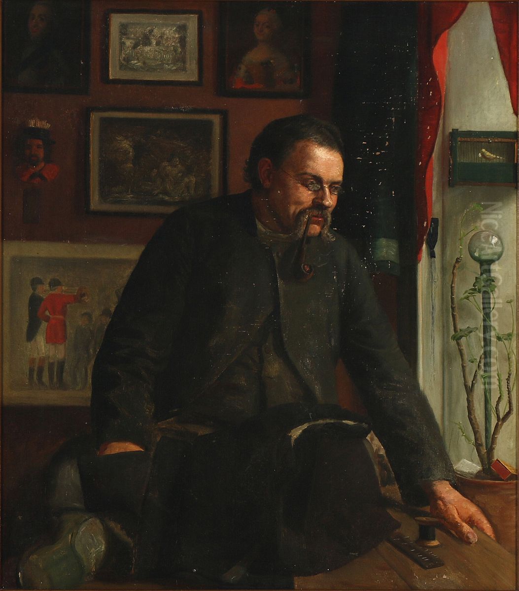 Interior with a tailor smoking a pipe sitting on a table Oil Painting by Laurits Andersen Ring