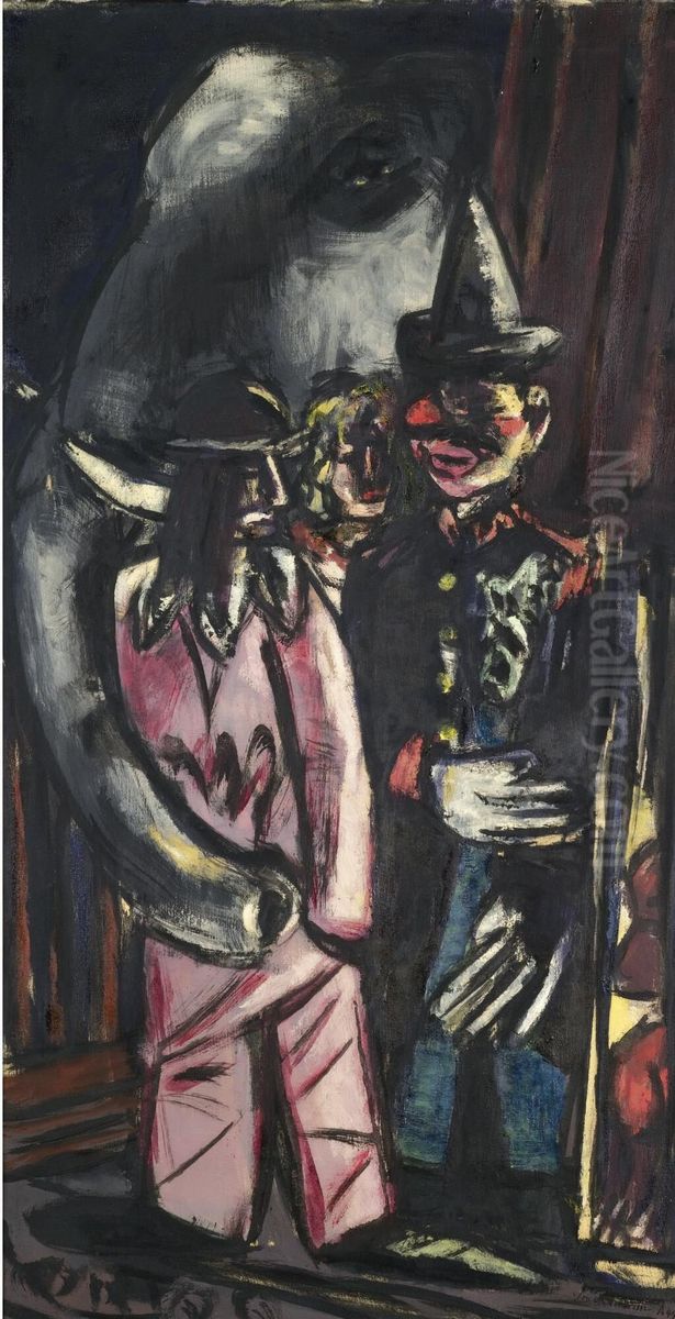 ELEFANT UND CLOWN IM STALL Oil Painting by Max Beckmann