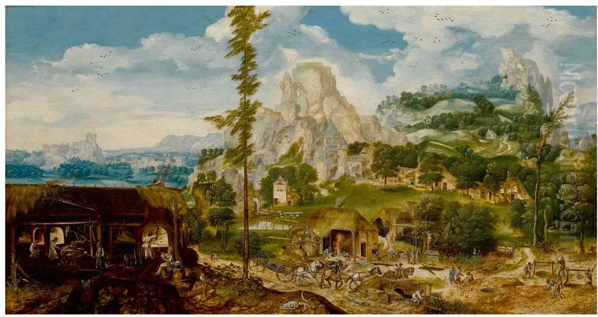 An extensive mountainous landscape with a metal foundry, showing various stages of the production of iron and steel Oil Painting by Herri met de Bles
