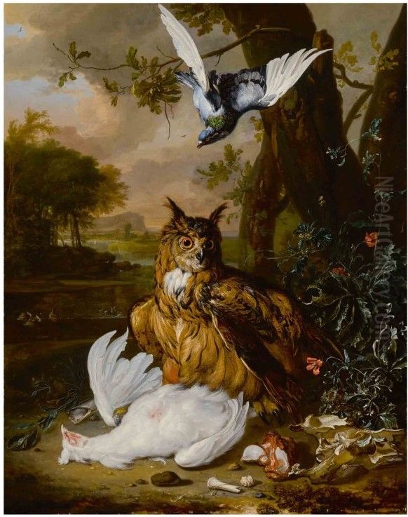 A Eurasian eagle-owl with with other birds in a landscape Oil Painting by Dirk Valkenburg