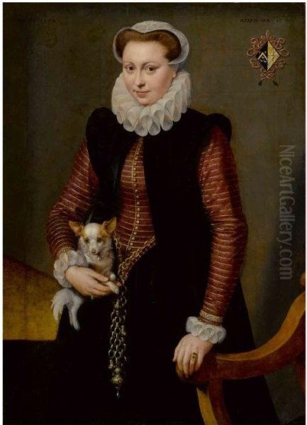 Portrait of a young woman, aged 17, holding a small spaniel wearing a collar of bells Oil Painting by Frans Pourbus the Elder