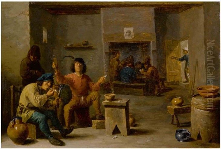 Peasants smoking and drinking in a tavern Oil Painting by David Teniers the Younger