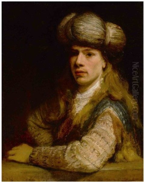 Portrait of a young man behind a balustrade, possibly a self-portrait of the artist Oil Painting by Arent de Gelder