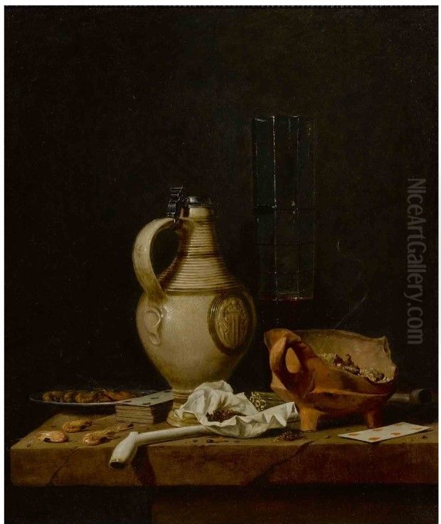 A still life with a stoneware jug, a glass of beer, playing cards and smokers' requisites Oil Painting by Jan Fris