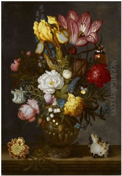 A still life of white and red roses, a tulip, anemones, a hyacinth, a pansy, lily-of-the-valley, and other flowers in an ornamented glass vase on a hard-stone ledge, with a shell, a bluebottle and a Red Admiral butterfly Oil Painting by Ambrosius Bosschaert