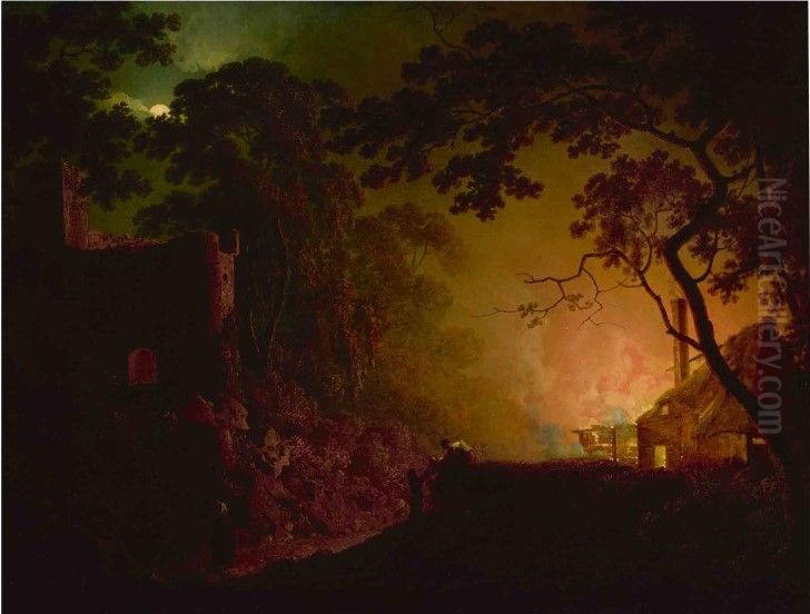 A cottage on fire at night Oil Painting by Joseph Wright of Derby