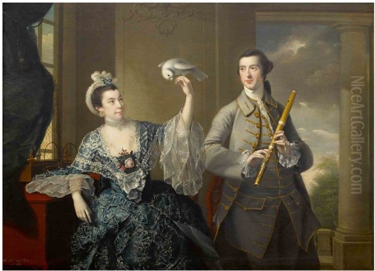 Mr. and Mrs. William Chase, three-quarter length, in an interior by a window, the latter holding a bird Oil Painting by Joseph Wright of Derby