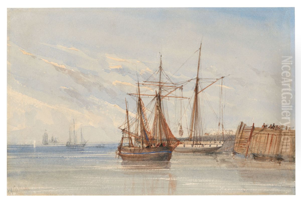 Fishing boats beside the harbour wall, Gravesend, Kent Oil Painting by William Callow
