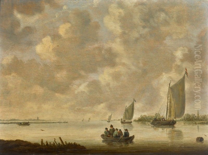 A RIVER LANDSCAPE WITH FIGURES IN A ROWING BOAT Oil Painting by Willem van Diest
