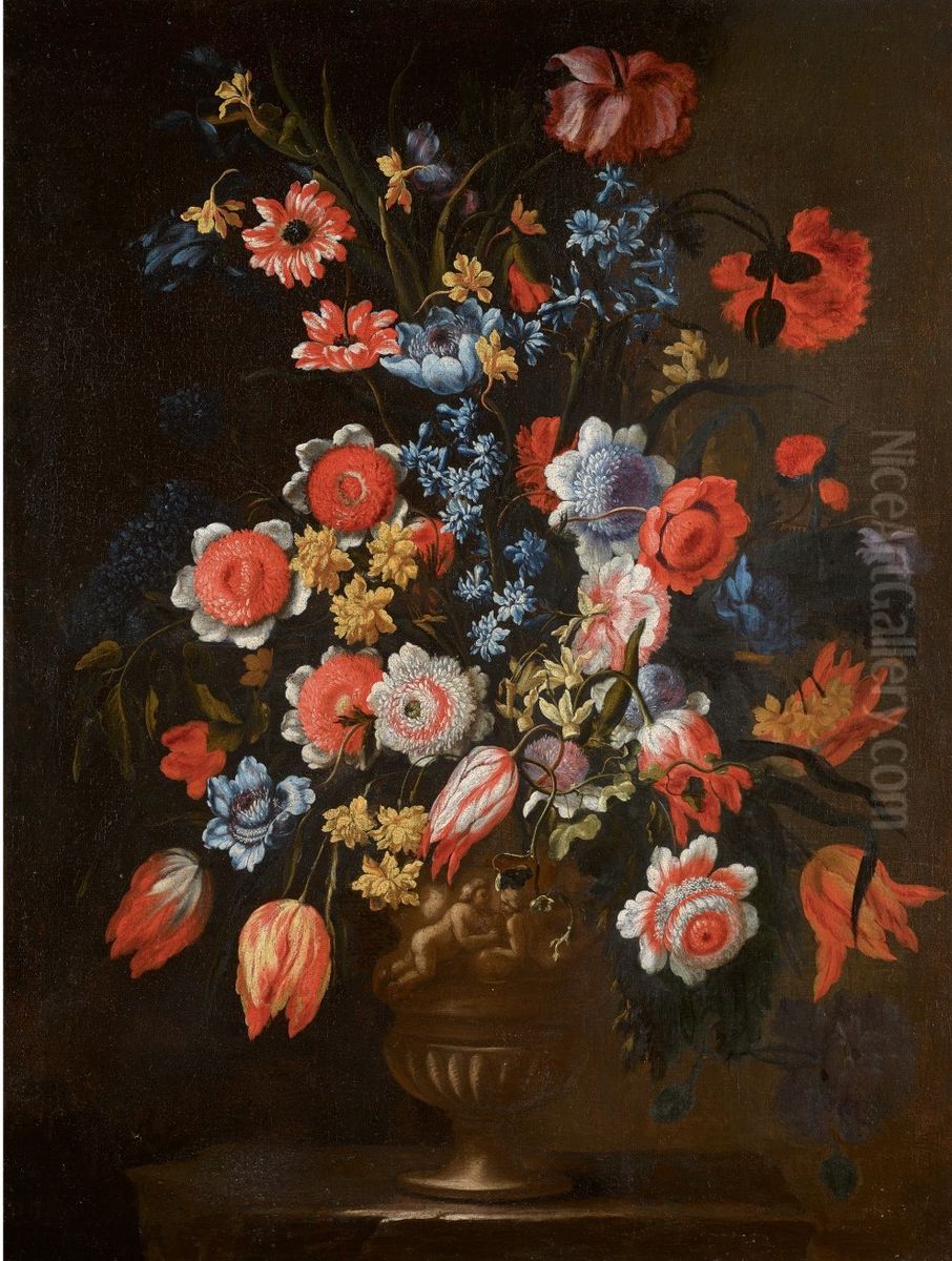 FLORAL STILL LIFES OF BOUQUETS OF FLOWERS IN SCULPTED URNS, UPON A LEDGE Oil Painting by Francesco Caldei