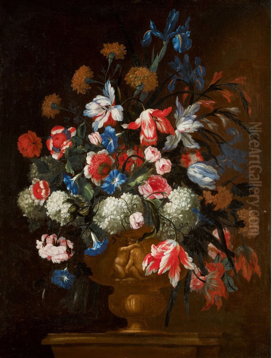FLORAL STILL LIFES OF BOUQUETS OF FLOWERS IN SCULPTED URNS, UPON A LEDGE Oil Painting by Francesco Caldei