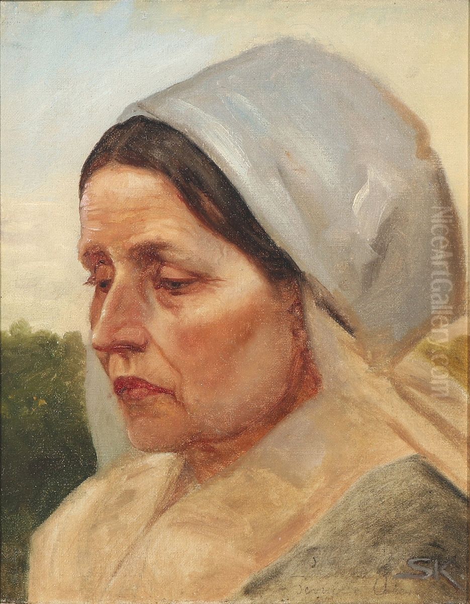 Study of an old woman with white cape. Arildsleje, Sweden. Oil Painting by Peder Severin Kroyer