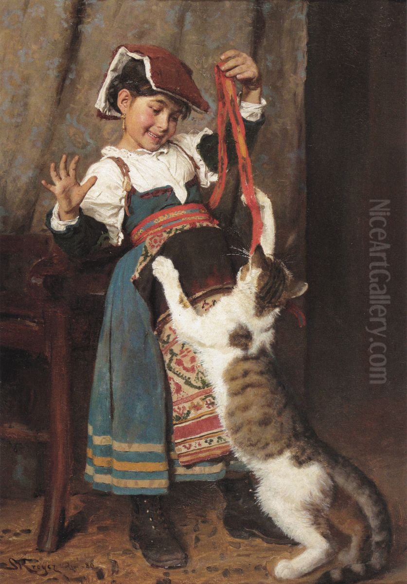 A little girl in peasant dress, playing with a cat. Oil Painting by Peder Severin Kroyer