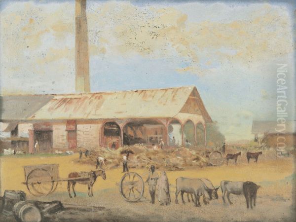 Unloading sugar cane at the Woodbrook Estate Factory, Port of Spain, Trinidad Oil Painting by Michel-Jean Cazabon