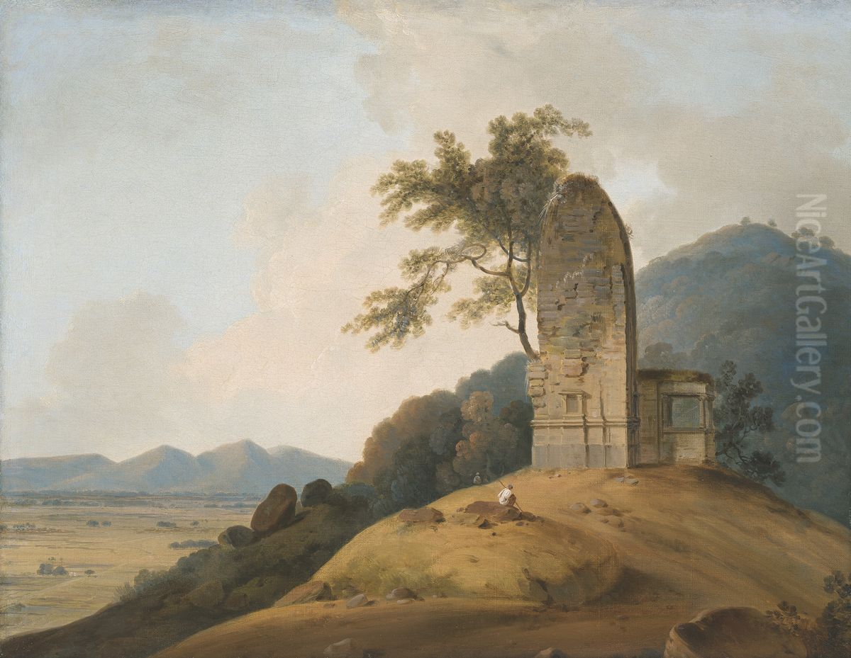 A ruined Hindu Temple on a rocky outcrop overlooking a valley, India Oil Painting by Thomas Daniell