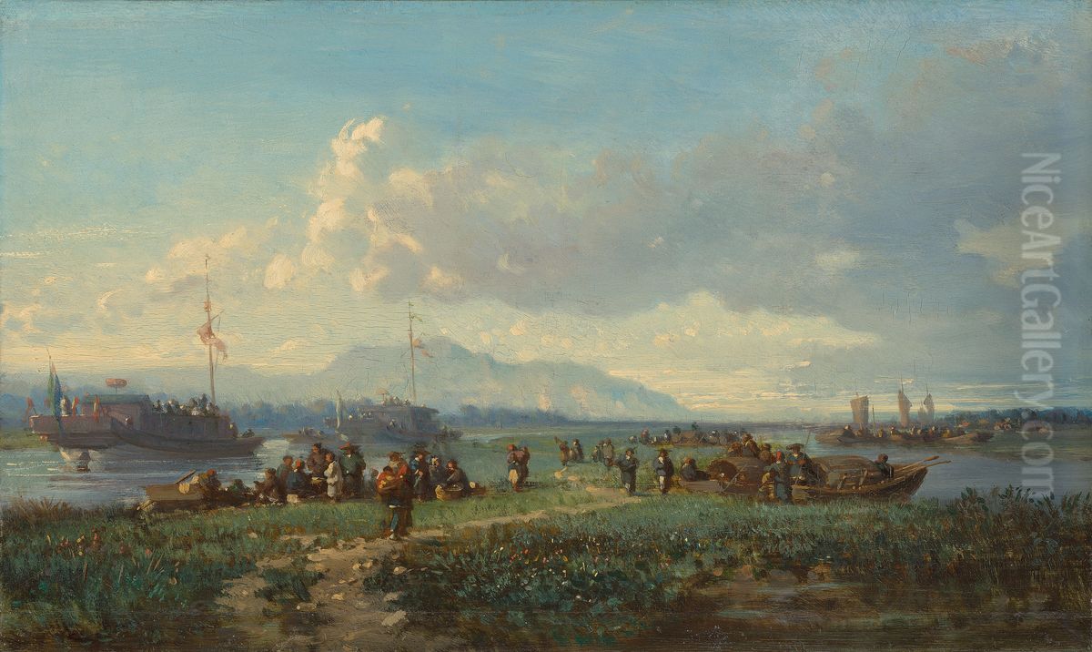 Tanka boat people and junks on a canal in the province of Canton Oil Painting by Auguste Borget