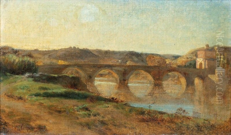 ITALIAN LANDSCAPE WITH BRIDGE Oil Painting by Jean-Baptiste Carpeaux