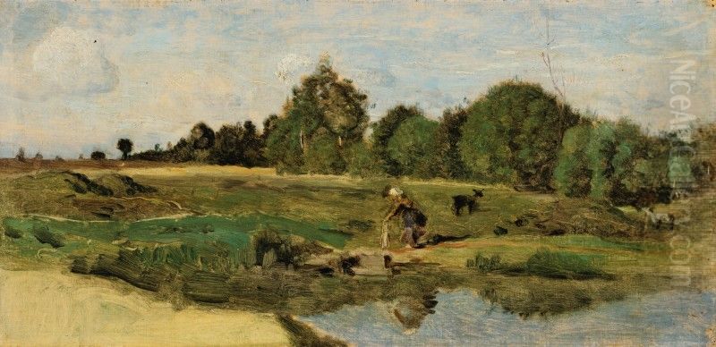 PASTURES IN THE SARTHE Oil Painting by Jean-Baptiste Camille Corot