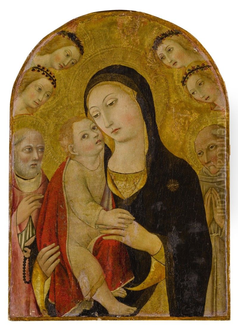 Madonna and Child surrounded by Saint John, Saint Bernardino of Siena, and angels Oil Painting by Sano Di Pietro