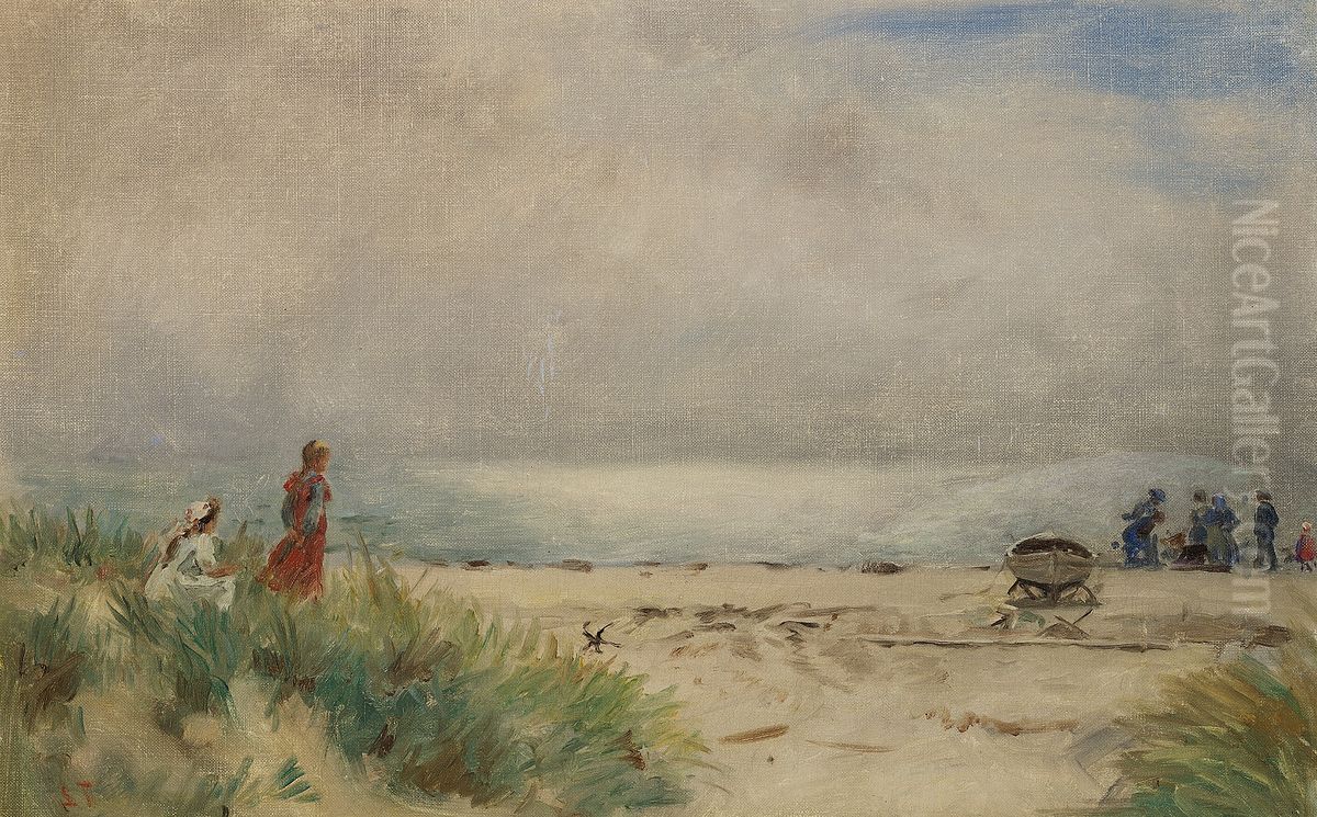 To smapiger i klitterne pa Skagen strand. Oil Painting by Laurits Tuxen