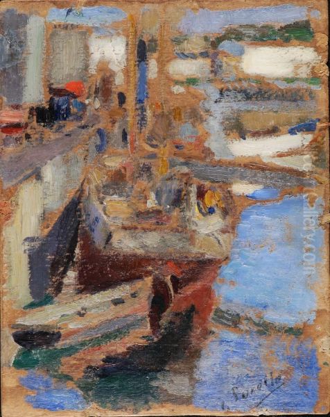 Two Boats at Dock Oil Painting by Joaquin Sorolla
