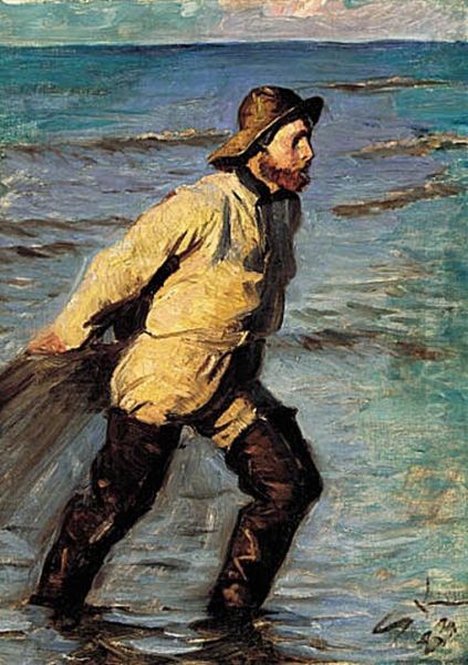 A fisherman dragging in the net at Skagen North Beach. Study. Oil Painting by Peder Severin Kroyer
